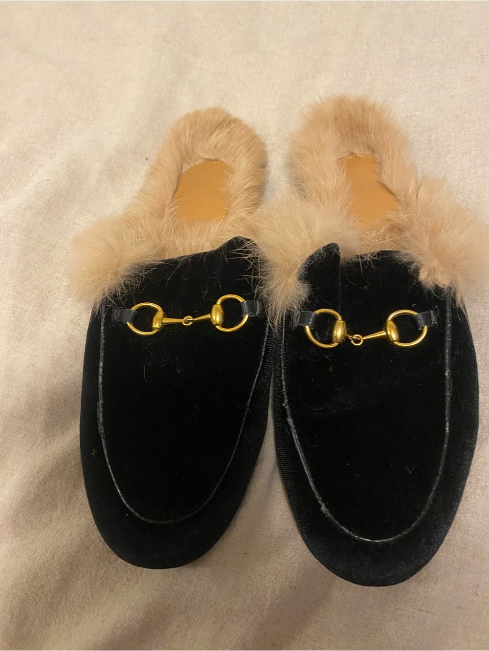 Gucci Black Velvet Princetown Fur-Lined Mule with Gold Horsebit Detail 40